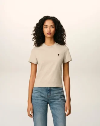Beige Cotton Cropped Ami De Coeur T-Shirt