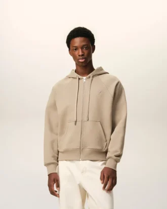 Beige Cotton Embossed Ami De Coeur Zipped Hoodie