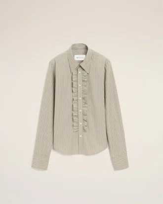 Beige Cotton Long Sleeve Ruffled Adjusted Shirt