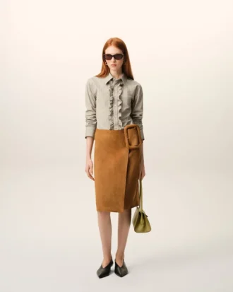 Beige Cotton Long Sleeve Ruffled Adjusted Shirt