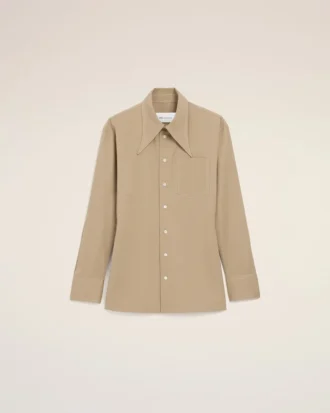 Beige Cotton Sharp Collar Fitted Shirt