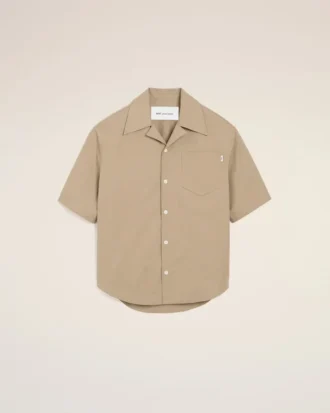 Beige Cotton Short Sleeve Camp Collar Wide Shirt