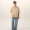 Beige Cotton Short Sleeve Camp Collar Wide Shirt Beige Cotton Short Sleeve Camp Collar Wide Shirt