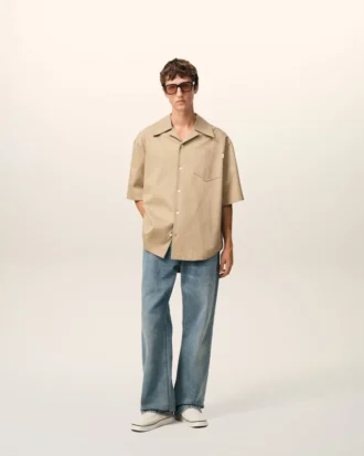 Beige Cotton Short Sleeve Camp Collar Wide Shirt
