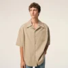 Beige Cotton Short Sleeve Camp Collar Wide Shirt Beige Cotton Short Sleeve Camp Collar Wide Shirt