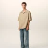 Beige Cotton Short Sleeve Camp Collar Wide Shirt Beige Cotton Short Sleeve Camp Collar Wide Shirt
