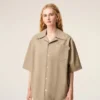 Beige Cotton Short Sleeve Camp Collar Wide Shirt Beige Cotton Short Sleeve Camp Collar Wide Shirt