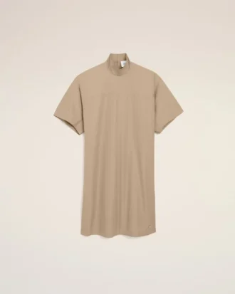 Beige Cotton Stand up Collar Buttoned Dress