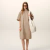 Beige Cotton Stand up Collar Buttoned Dress Beige Cotton Stand up Collar Buttoned Dress