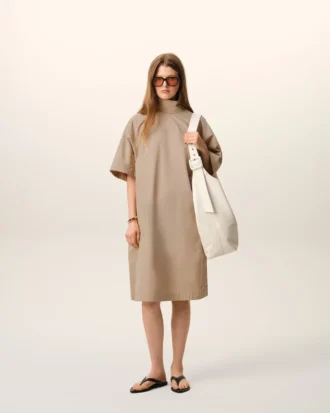Beige Cotton Stand up Collar Buttoned Dress