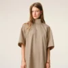 Beige Cotton Stand up Collar Buttoned Dress Beige Cotton Stand up Collar Buttoned Dress