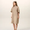 Beige Cotton Stand up Collar Buttoned Dress Beige Cotton Stand up Collar Buttoned Dress