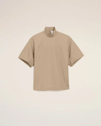 Beige Cotton Stand up Collar Buttoned T Top