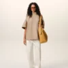 Beige Cotton Stand up Collar Buttoned T Top Beige Cotton Stand up Collar Buttoned T Top