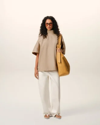 Beige Cotton Stand up Collar Buttoned T Top