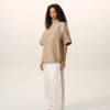 Beige Cotton Stand up Collar Buttoned T Top Beige Cotton Stand up Collar Buttoned T Top