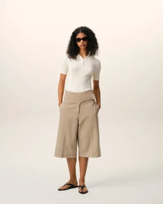 Beige Cotton Wrapped Belted Bermuda Shorts