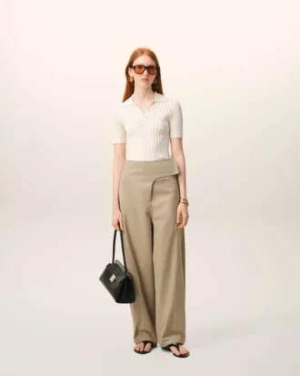 Beige Cotton Wrapped Belted Trousers