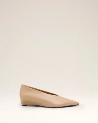 Beige Lamb Leather Pointed Toe Wedge Pump