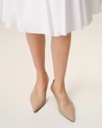 Beige Lamb Leather Pointed Toe Wedge Pump