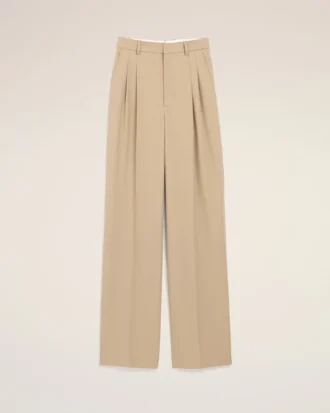 Beige New Wool High Waist Wide Trousers with Two Pleats