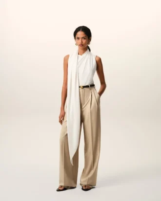 Beige New Wool High Waist Wide Trousers with Two Pleats
