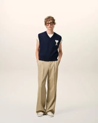 Beige New Wool Low Waist Wide Trousers