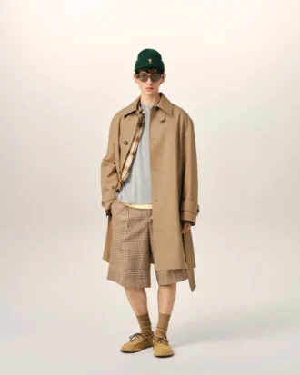 Beige Water-Repellent Cotton Twill Belted Mac