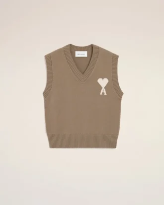 Beige Wool and Cotton Sleeveless Ami De Coeur Sweater