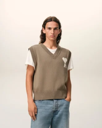 Beige Wool and Cotton Sleeveless Ami De Coeur Sweater