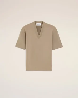 Beige Wool Short Sleeves V Neck Sweater