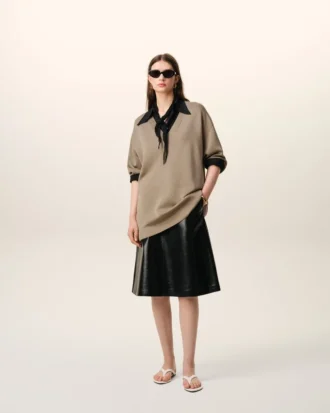 Beige Wool Short Sleeves V Neck Sweater