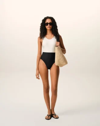 Black and White Nylon One Piece Swimsuit