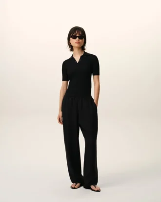 Black Blended Linen Elasticated Waist Trousers