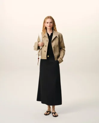 Black Blended Linen Tailor Construction Long Trapeze Skirt