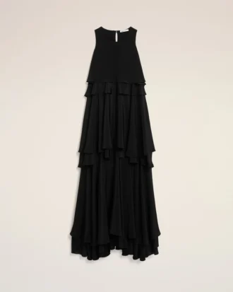 Black Blended Silk Long Dress with Ruffles