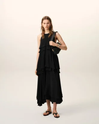Black Blended Silk Long Dress with Ruffles