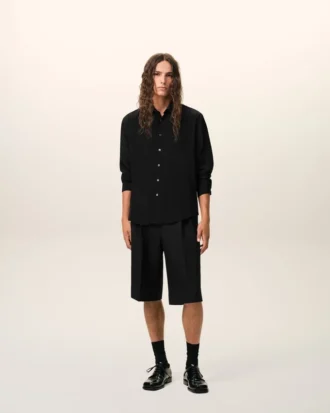 Black Blended Silk Sharp Collar Adjusted Shirt