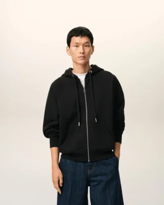 Black Cotton Embossed Ami De Coeur Zipped Hoodie