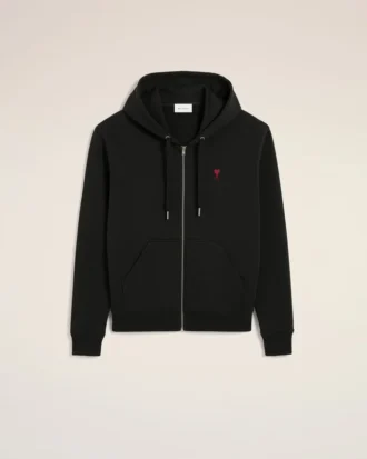 Black Cotton Red Ami De Coeur Zipped Hoodie