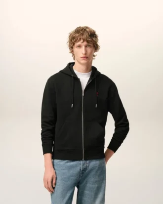 Black Cotton Red Ami De Coeur Zipped Hoodie
