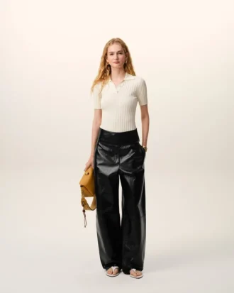 Black Lamb Leather Wrapped Belted Trousers