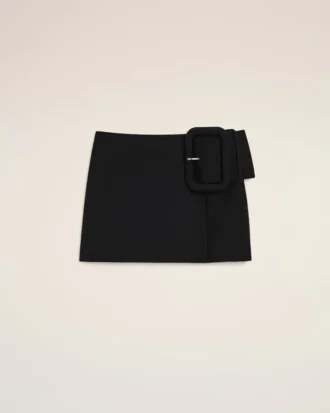 Black New Wool Big Buckle Belted Mini Skirt Black New Wool Big Buckle Belted Mini Skirt