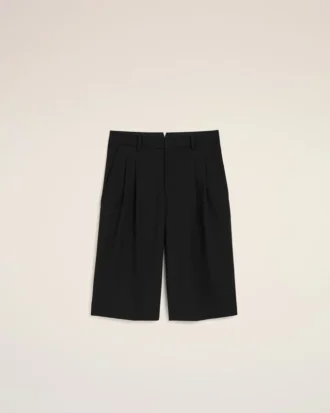 Black New Wool Low Waist Wide Bermuda Shorts