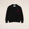Black Wool Cardigan with Contrasted Ami De Coeur Black Wool Cardigan with Contrasted Ami De Coeur
