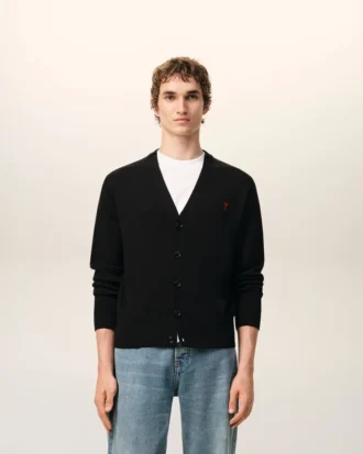 Black Wool Cardigan with Contrasted Ami De Coeur Black Wool Cardigan with Contrasted Ami De Coeur