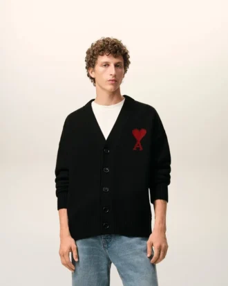Black Wool Cardigan with Contrasted Ami De Coeur Black Wool Cardigan with Contrasted Ami De Coeur