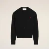 Black Wool Crewneck Cardigan with Contrasted Ami De Coeur Black Wool Crewneck Cardigan with Contrasted Ami De Coeur