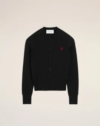 Black Wool Crewneck Cardigan with Contrasted Ami De Coeur Black Wool Crewneck Cardigan with Contrasted Ami De Coeur