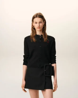 Black Wool Crewneck Cardigan with Contrasted Ami De Coeur Black Wool Crewneck Cardigan with Contrasted Ami De Coeur